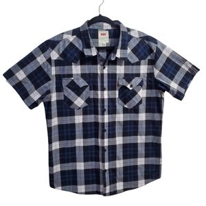 NWOT mens Levis plaid button up tshirt blue red size XL